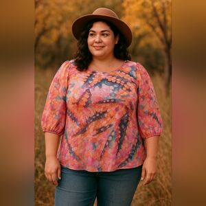 Torrid Size 4X Pink & Blue Boho Top With Sheer Sleeves Elastic Ruched Cuffs